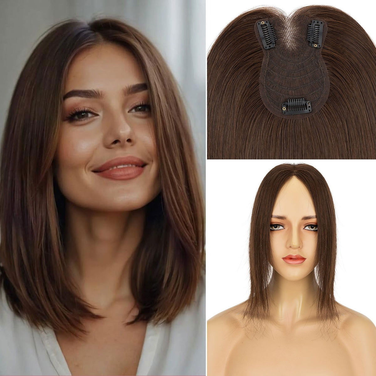 Women's Human Hair Clip-In Hairpiece Topper with Silk Lace Base – Natural Look