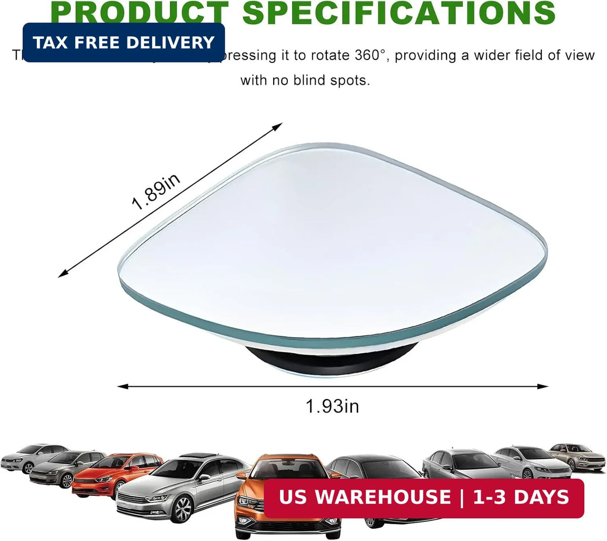 Car Blind Spot Mirror 2 Pack - 360° Rotating Wide-Angle Convex Side View