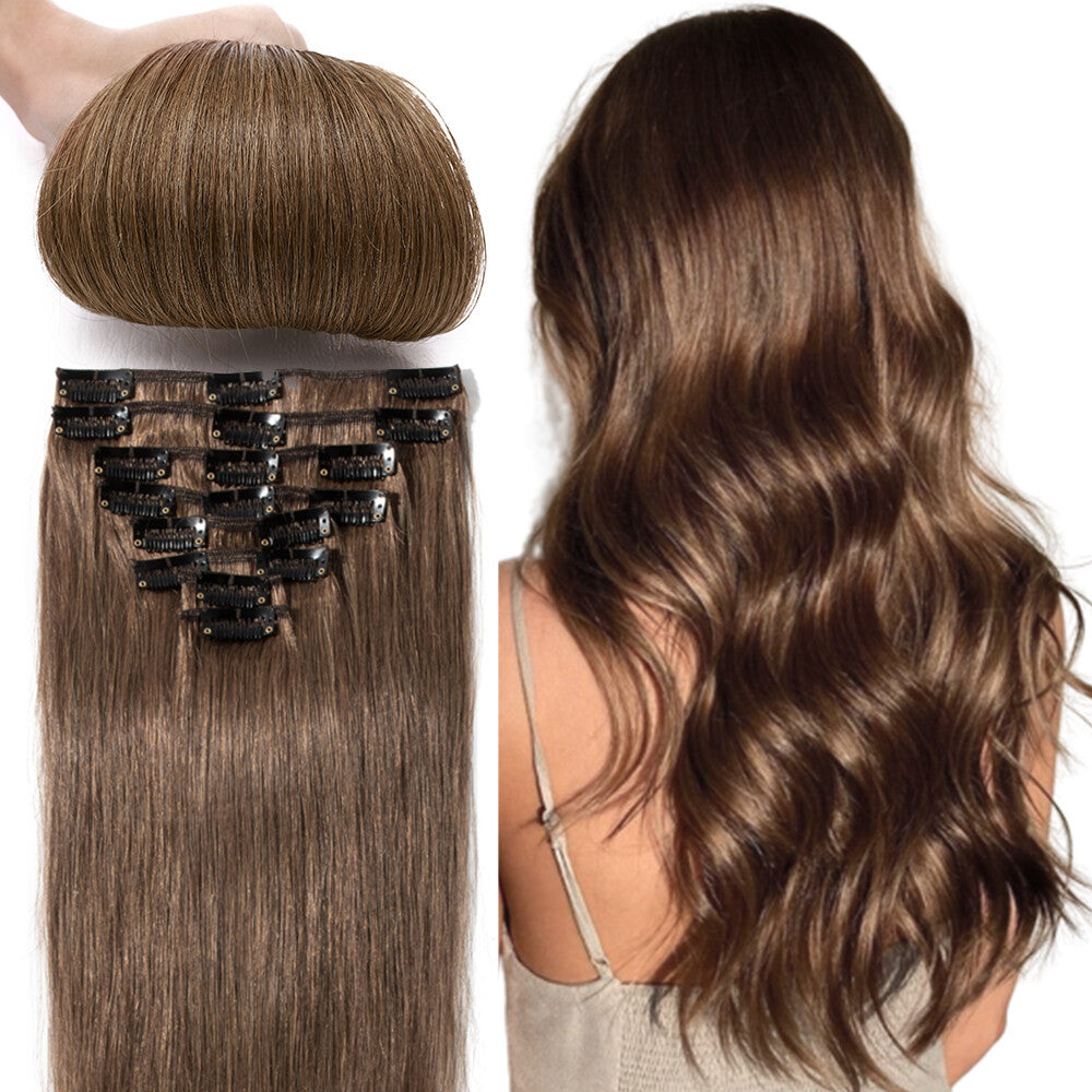 Clip-In Hair Extensions Full Head Set - Remy Human Hair, Multiple Colors & Lengths