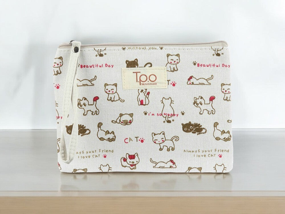 Beige Kitten Print Carry All Pouch Bag with Strap - Multi-Purpose Accessory