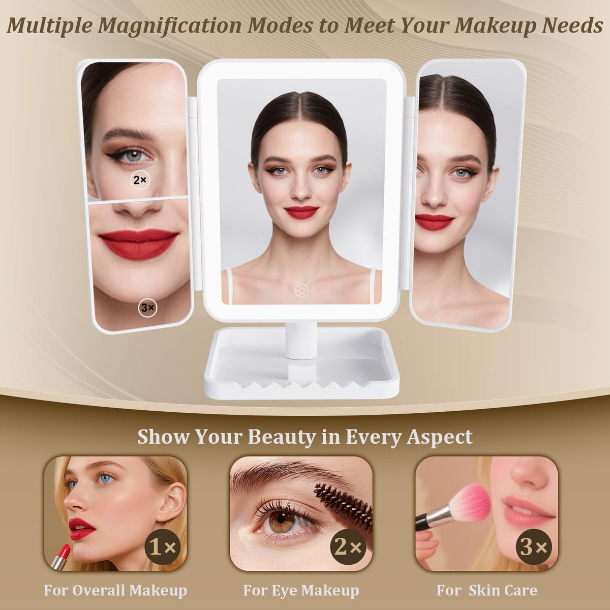 Rechargeable Tri-Fold LED Makeup Mirror with 3X Magnification & Lights