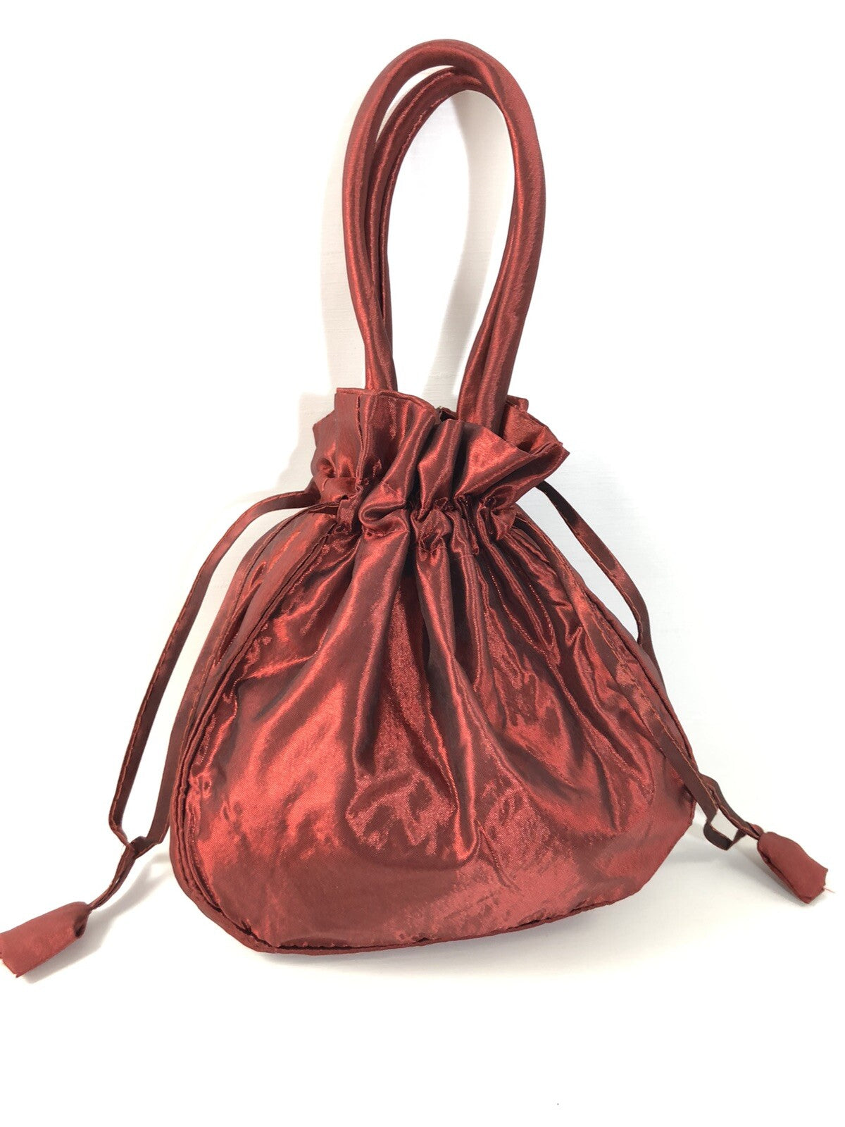 Burgundy Satin Rose Pattern Drawstring Cosmetic Bag Travel Pouch