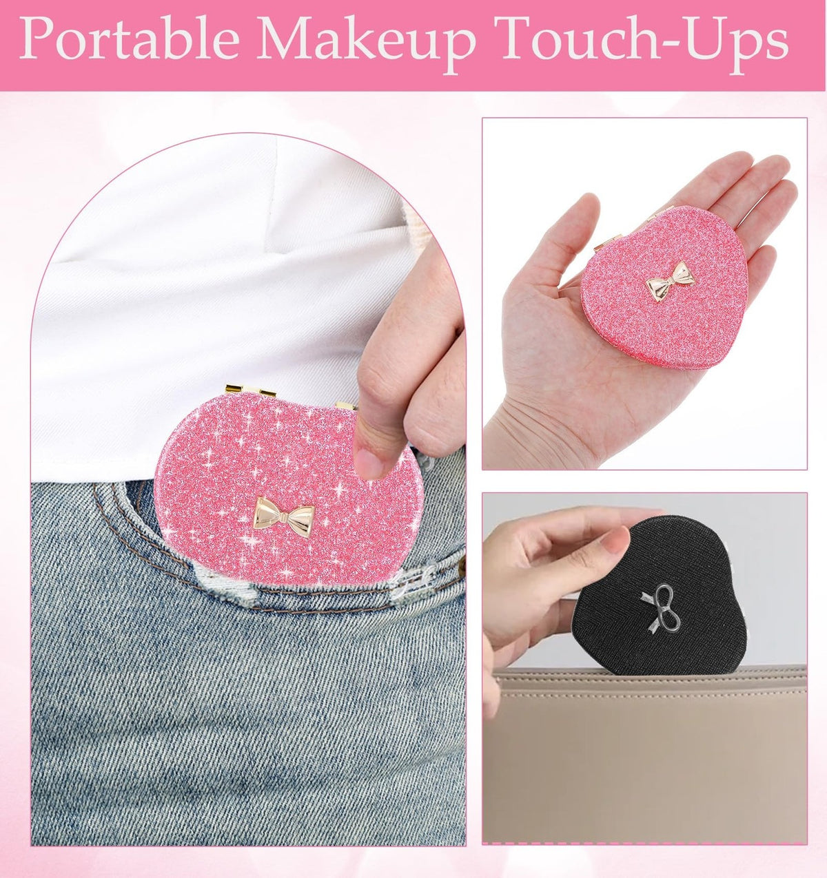 Pink Heart Compact Mirror with Magnifying - Double-Sided Folding Makeup Tool