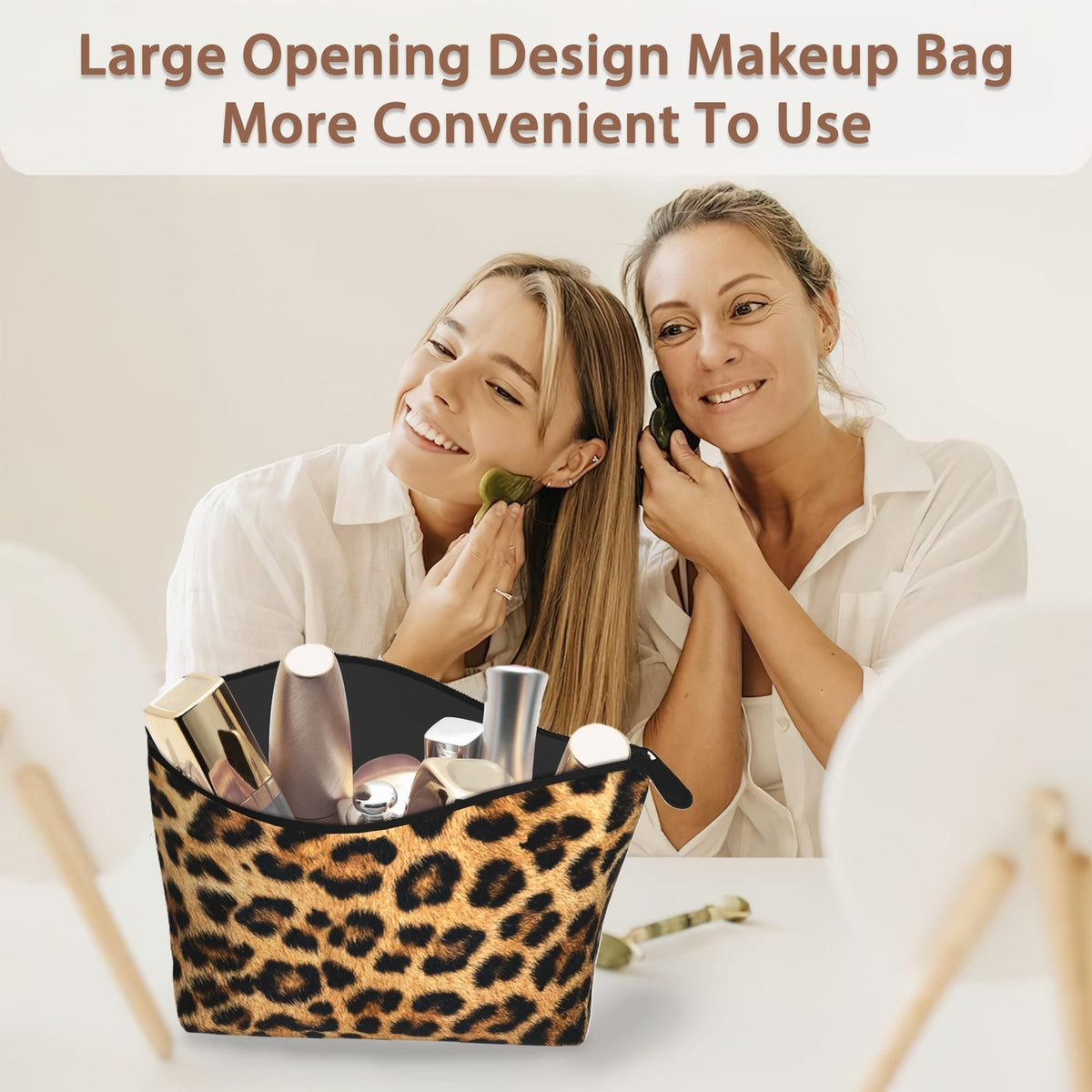 Brown Leopard Print Makeup Bag - Portable Cosmetic Organizer for Women