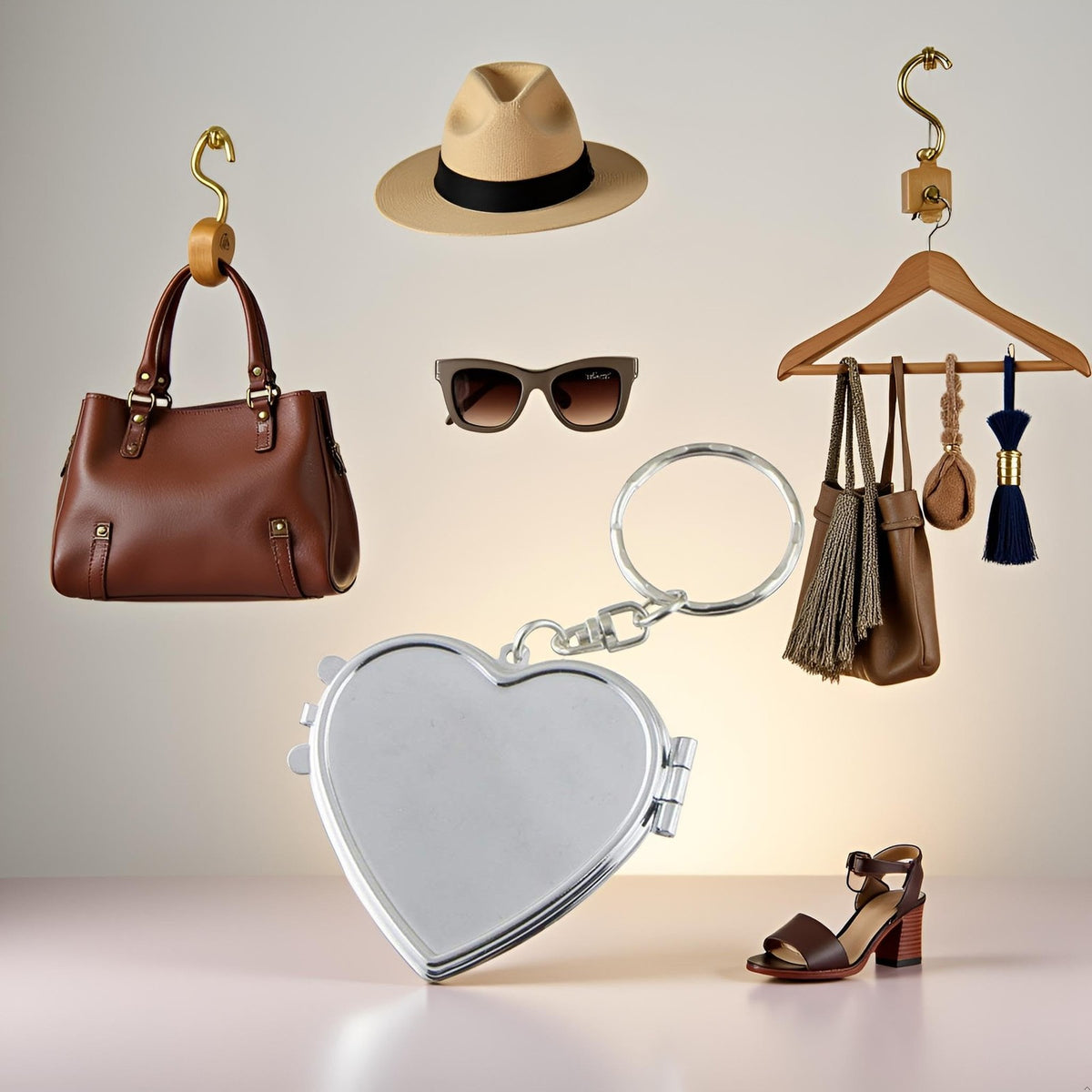 Silver Metal Heart-Shaped Pocket Mirror with Keychain - Travel & Makeup Accessory
