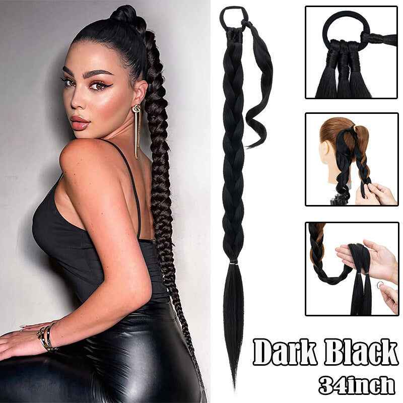 Long Braided Ponytail Extension 34 Inch Straight with Hair Tie Wraps - Multiple Colors