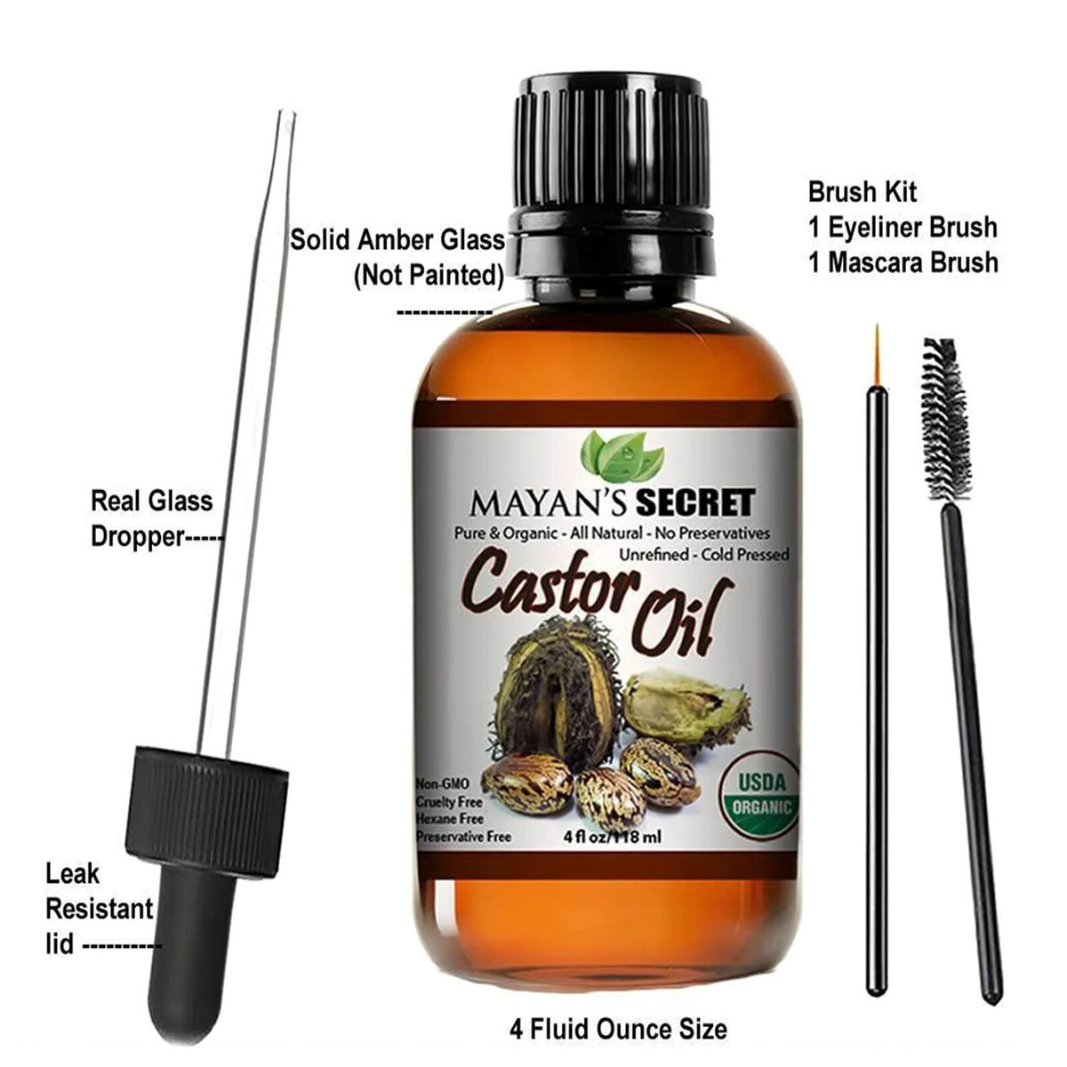 Organic Cold Pressed Castor Oil in Glass Bottle for Hair Skin & Eyelashes