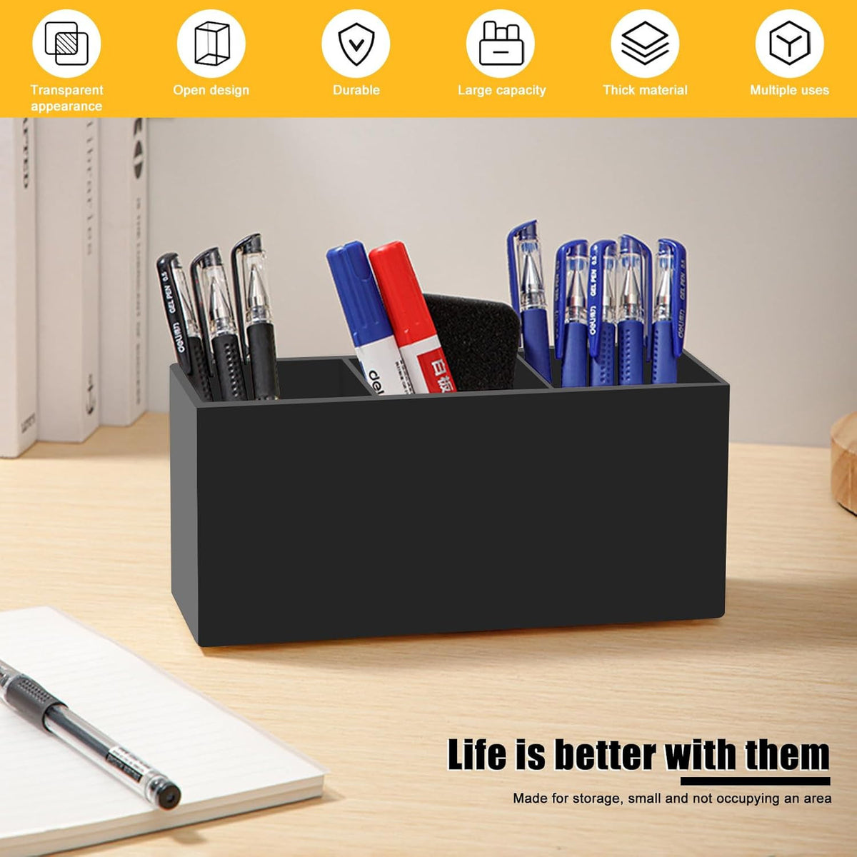 Acrylic Makeup Brush Organizer with 3 Compartments - Black