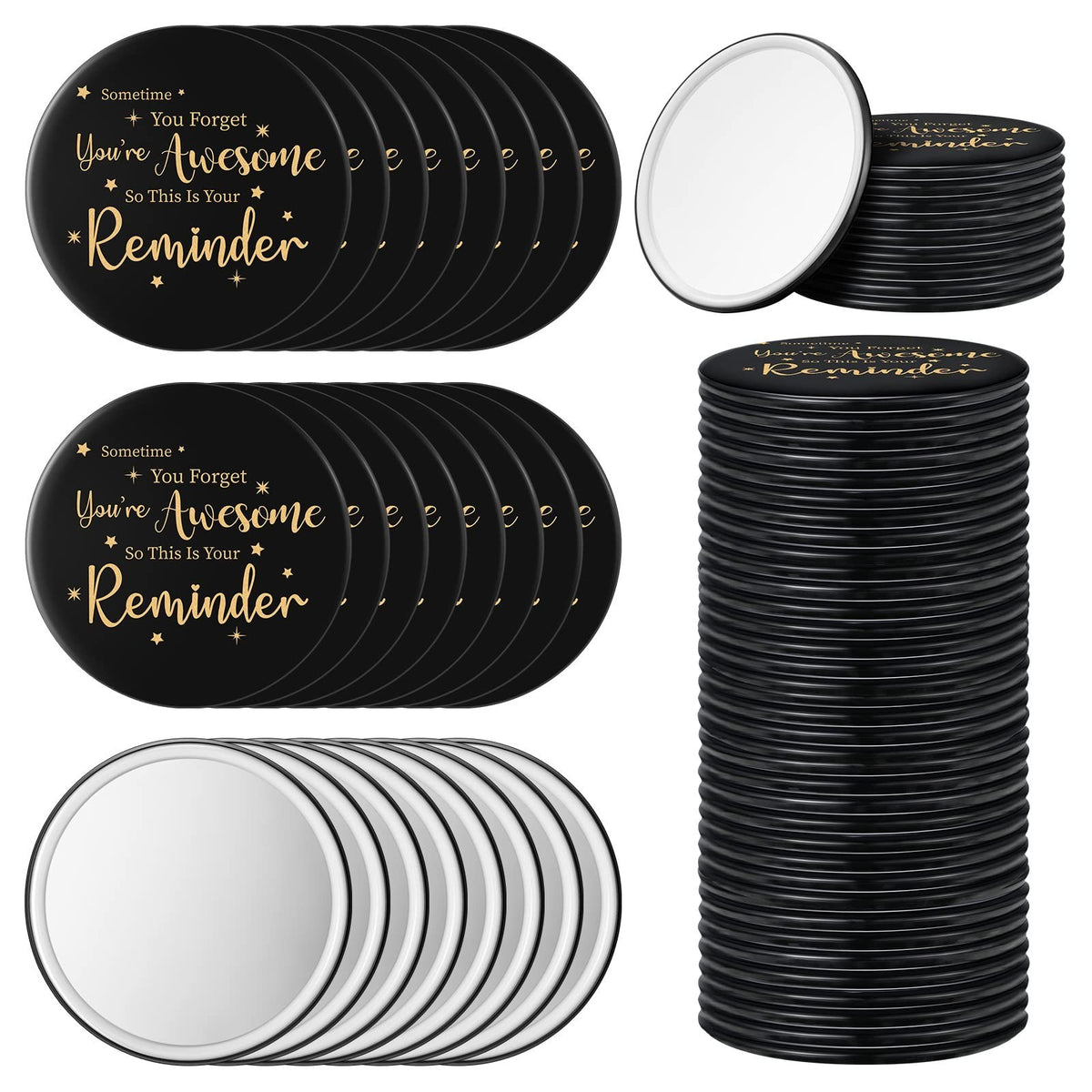 48 Pack Small Round Pocket Mirrors - Inspirational Compact Makeup & Personal Motivation