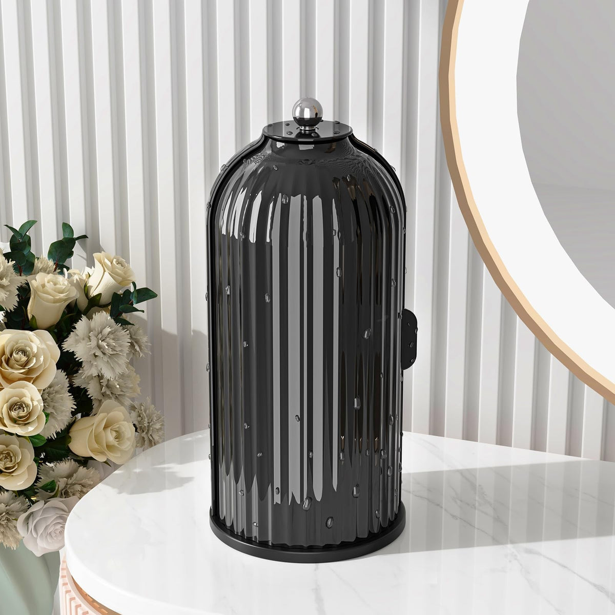 Rotating Makeup Brush Organizer with Lid - Black Cosmetic Storage Caddy