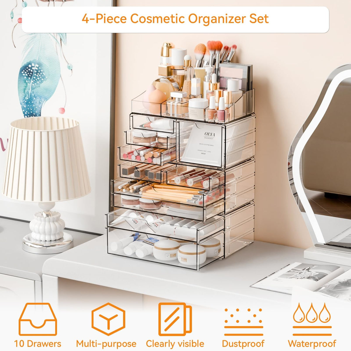 Large Capacity Makeup Organizer with Stackable Drawers and Top Tray - Clear Vanity Storage for Cosmetics & Skincare