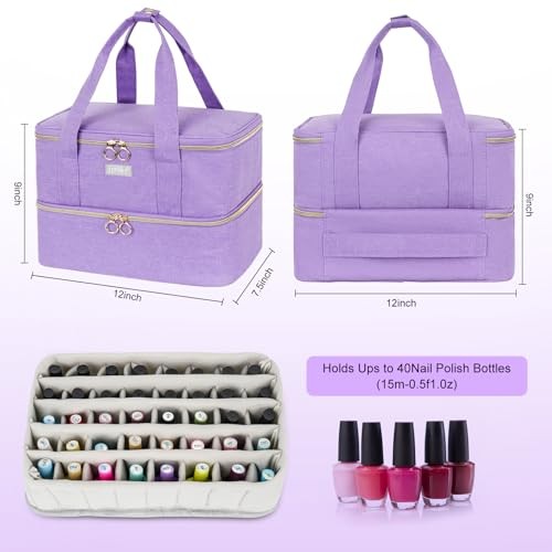 Travel Nail Polish Organizer Bag for 40+ Bottles - Purple Heavy Duty Nylon