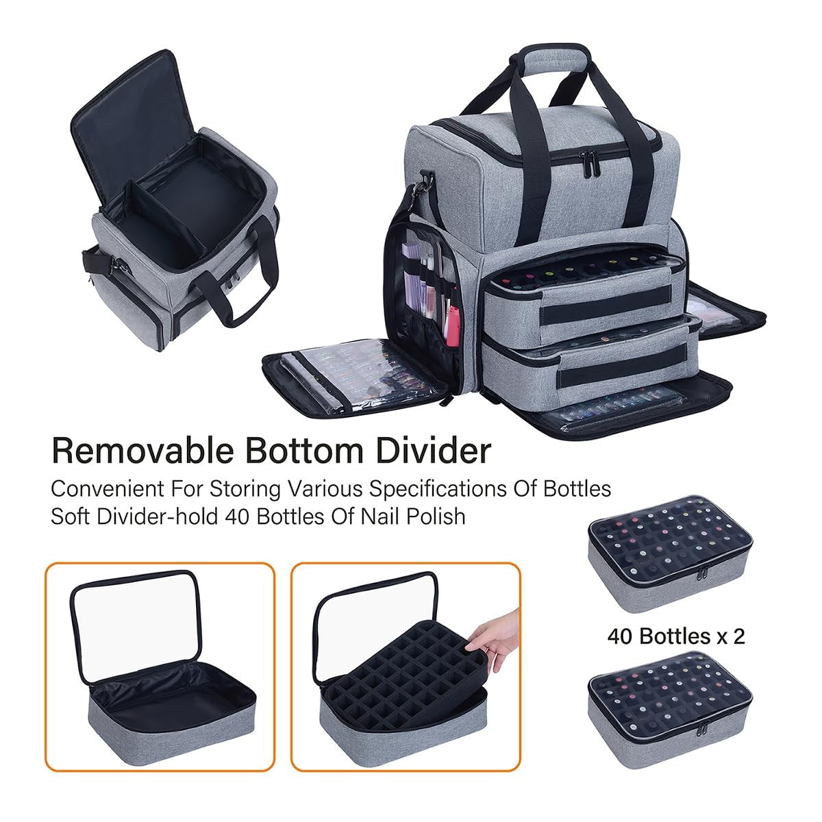 Grey Nail Polish Organizer 80-Bottle Capacity with Lamp & 2 Removable Bags