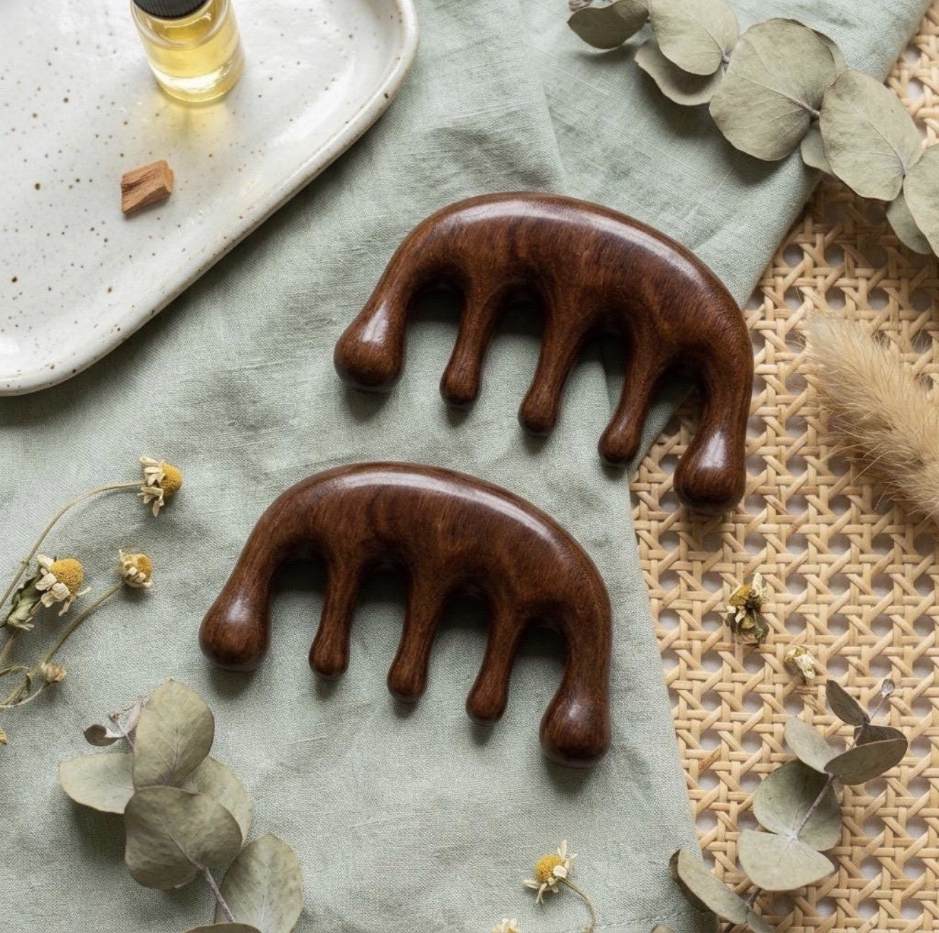 Wooden Scalp Massager & Gua Sha Comb Set for Hair Growth - 2 Pack