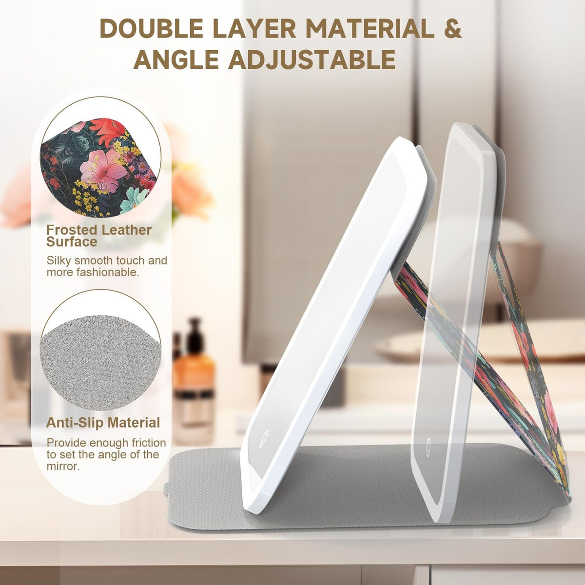 Travel LED Makeup Mirror with Lights, 360° Rotation, 10x Magnification, Dimmable 3-Color Touch Screen, Portable Flower Design