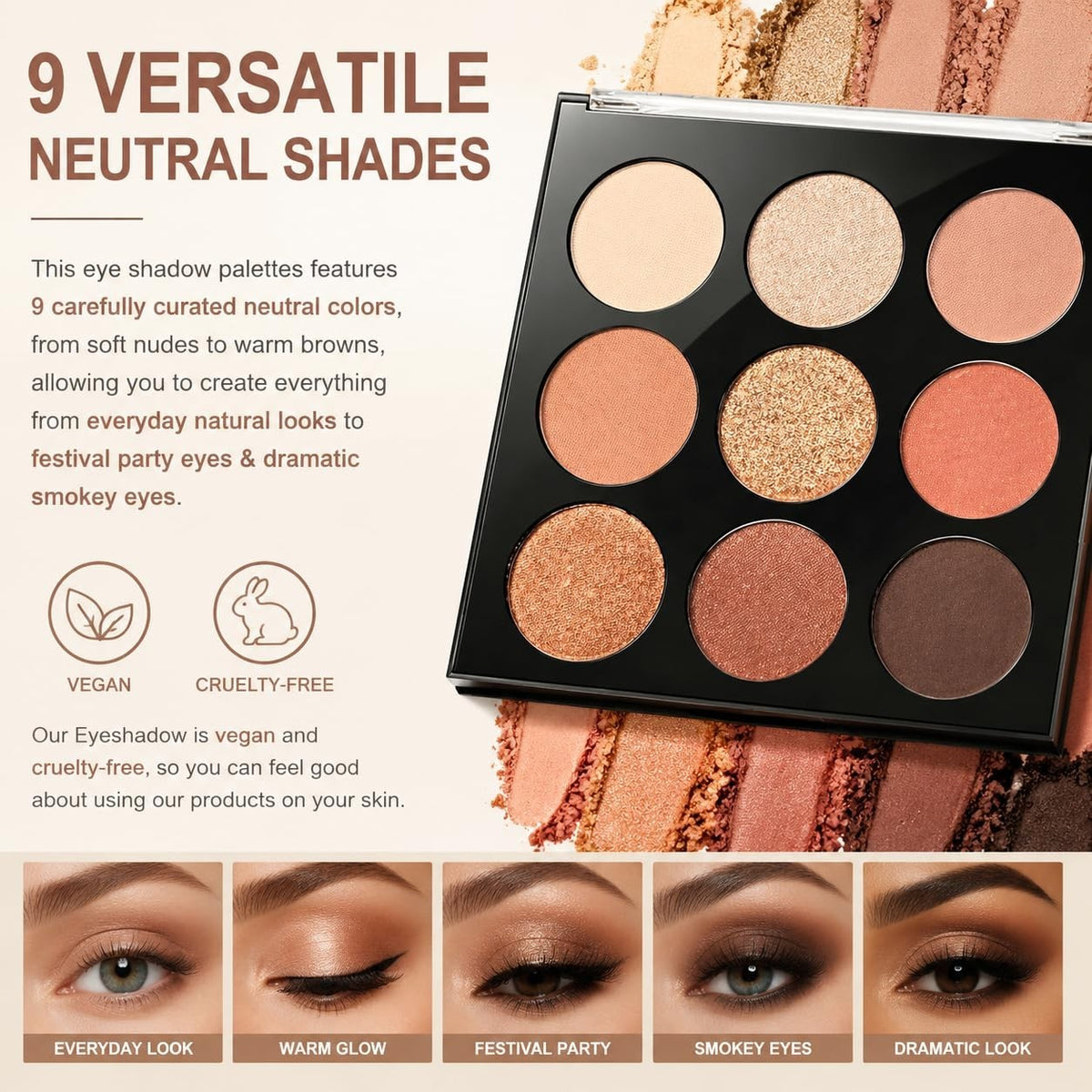 Neutral Eyeshadow Palette with 9 Colors - Long-Lasting, Natural & Shimmer Finishes