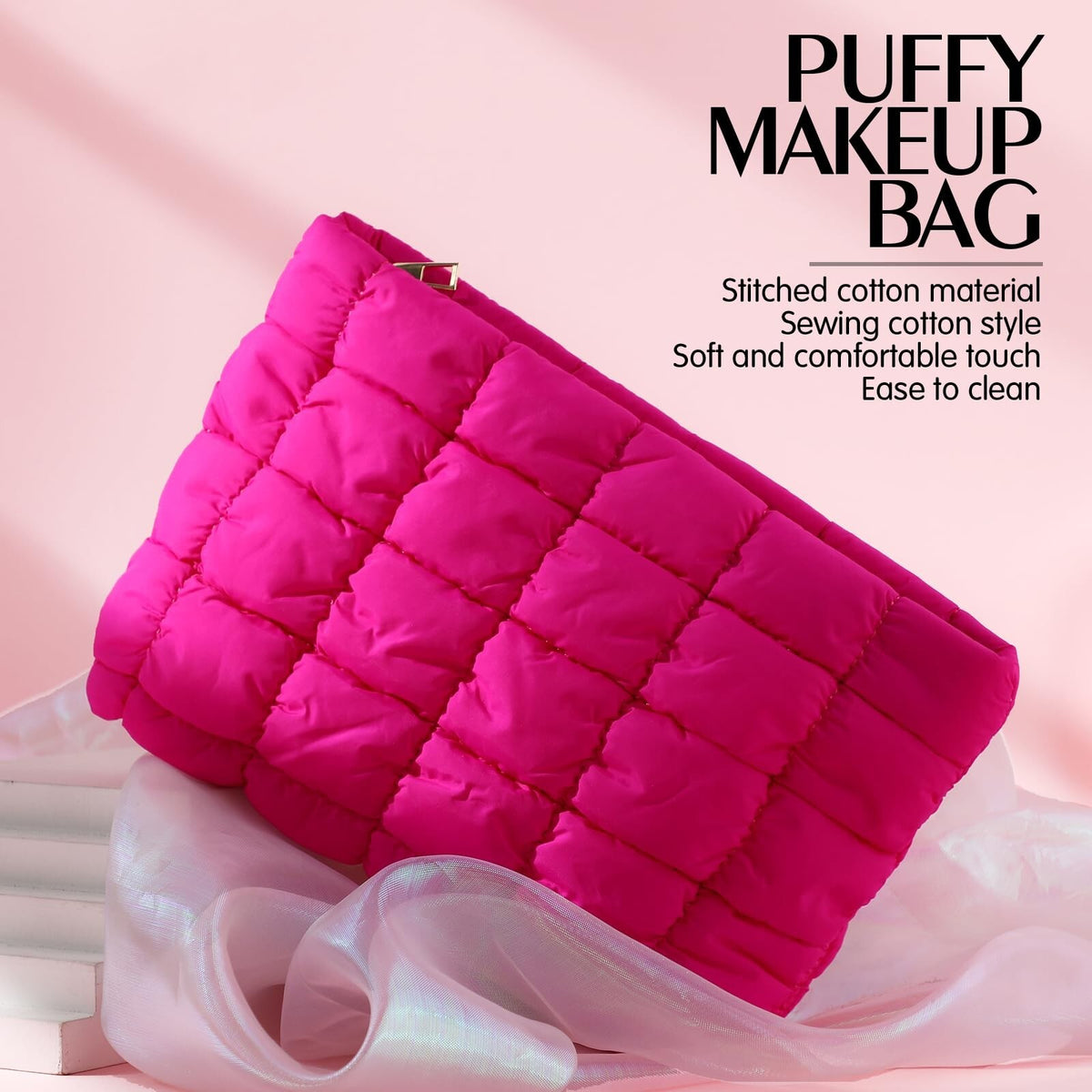 Puffy Quilted Makeup Bag with Zipper - Travel Cosmetic Organizer, Rose Red