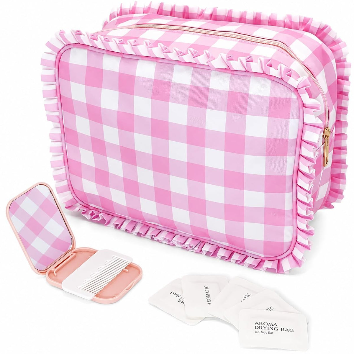 Gingham Ruffle Makeup Bag Set with Mirror and Plaid Design - Pink