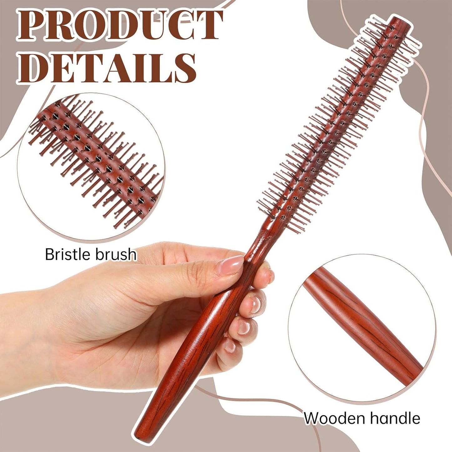 Round Wooden Hair Brush with Nylon Bristles - Travel Detangling & Styling Tool