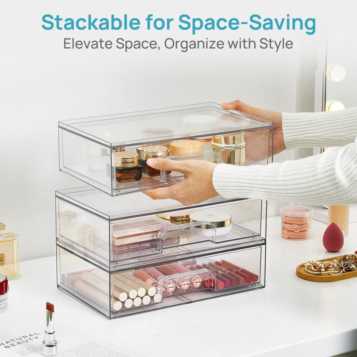 Clear Stackable Storage Drawers - 2 Pack Wide Plastic Organizers