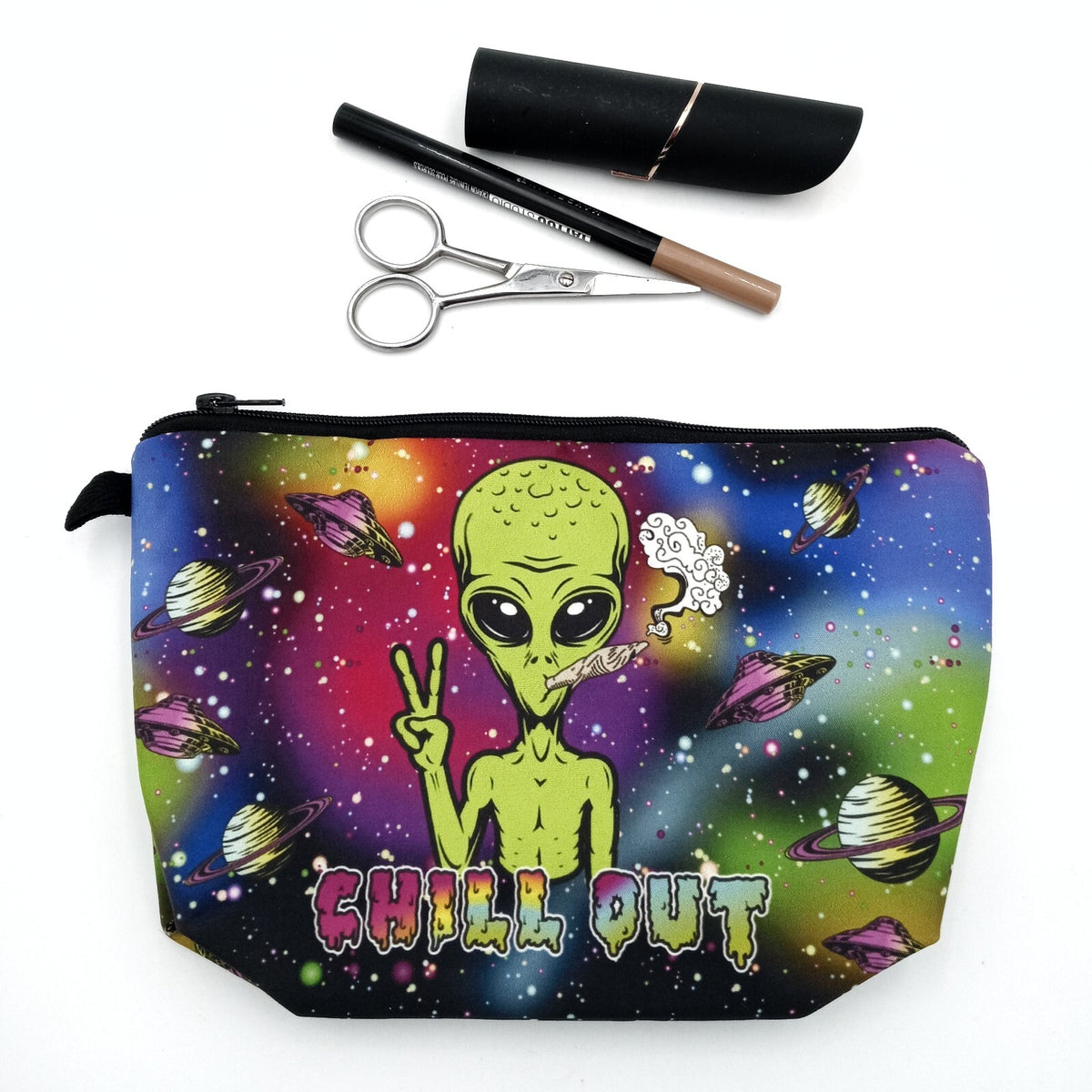 Space Alien Chill Out Makeup Pouch Bag - 9x6 Inch Travel Organizer
