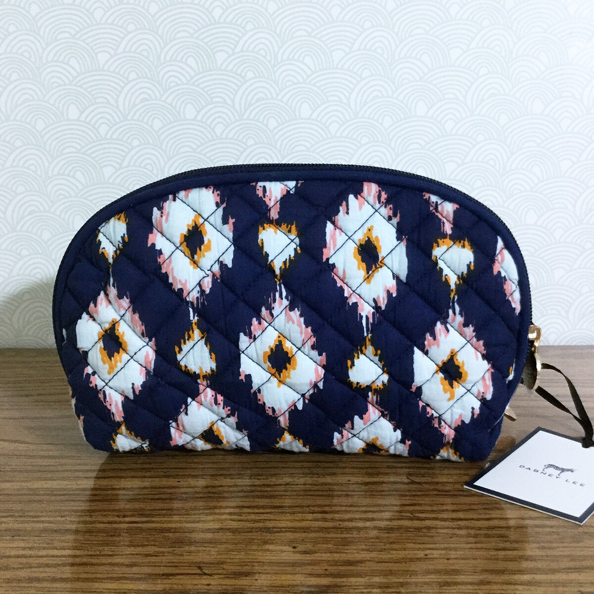 Travel Cosmetic Bag with Double Zipper Navy Blue Ikat Pattern 7-Inch Organizer