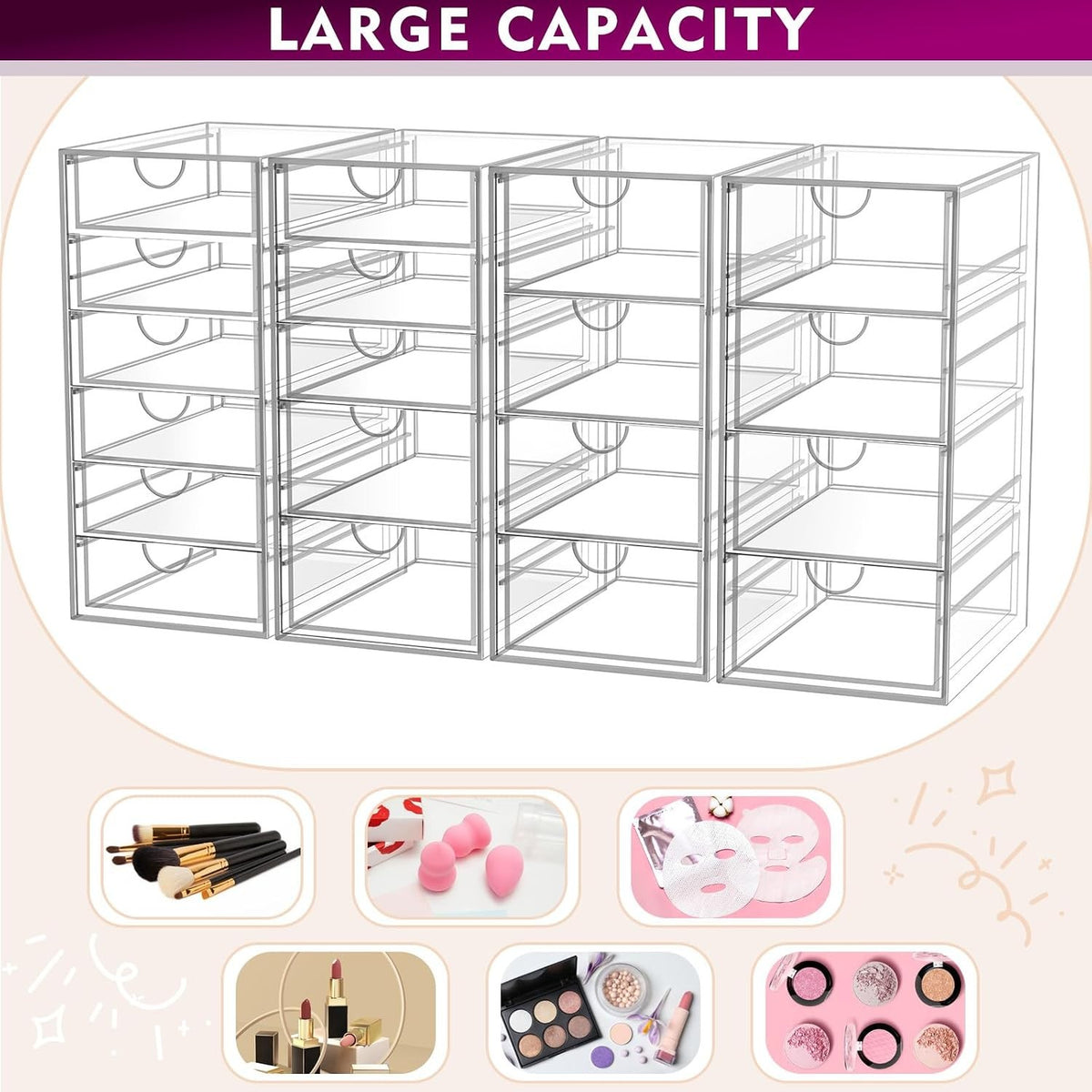 Acrylic Makeup Organizer with 19 Drawers, Multi-Use Storage Bin Set