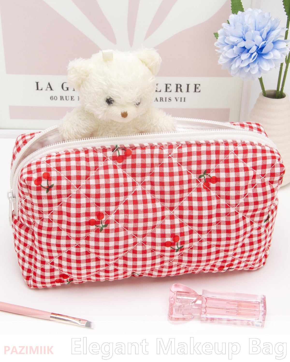 Small Quilted Makeup Bag with Zipper - Gingham Red Cherry