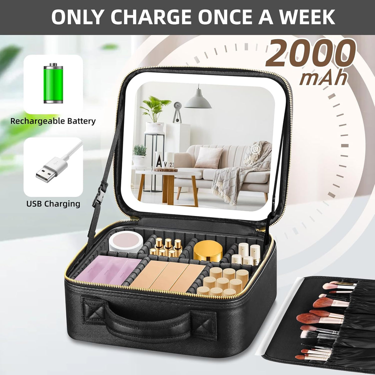 Portable Makeup Organizer with LED Mirror 10x Magnification and Adjustable Dividers