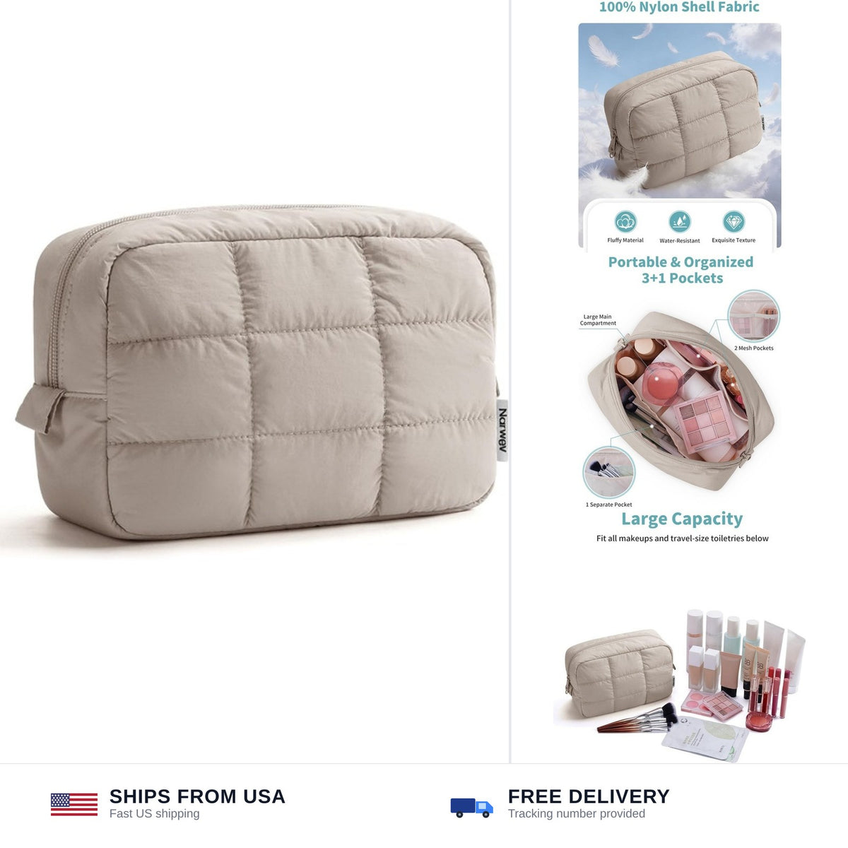 Quilted Makeup Bag for Women Travel Cosmetic Organizer Puffer Pouch Khaki