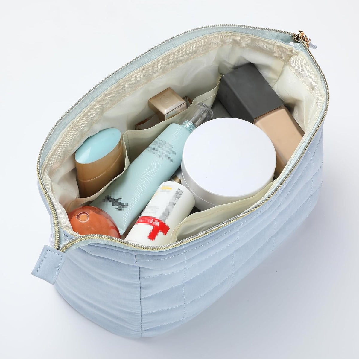 Dusty Blue Aesthetic Quilted Makeup Bag for Women by Ms. Pen