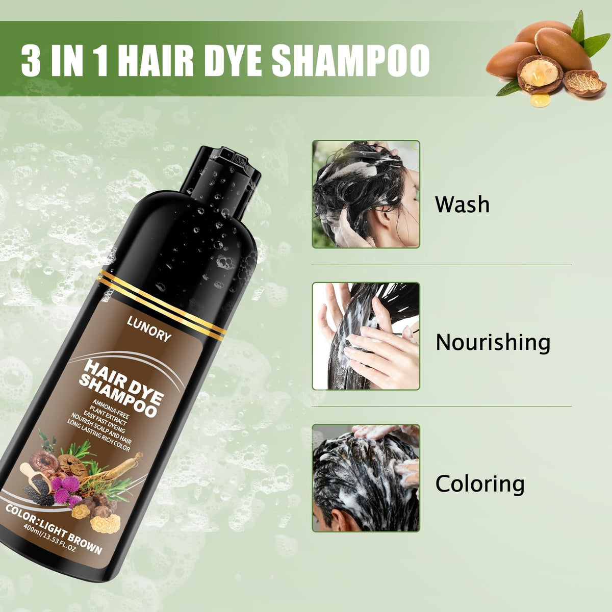 Light Brown Hair Dye Shampoo - Full Gray Coverage & Nourishing Botanicals