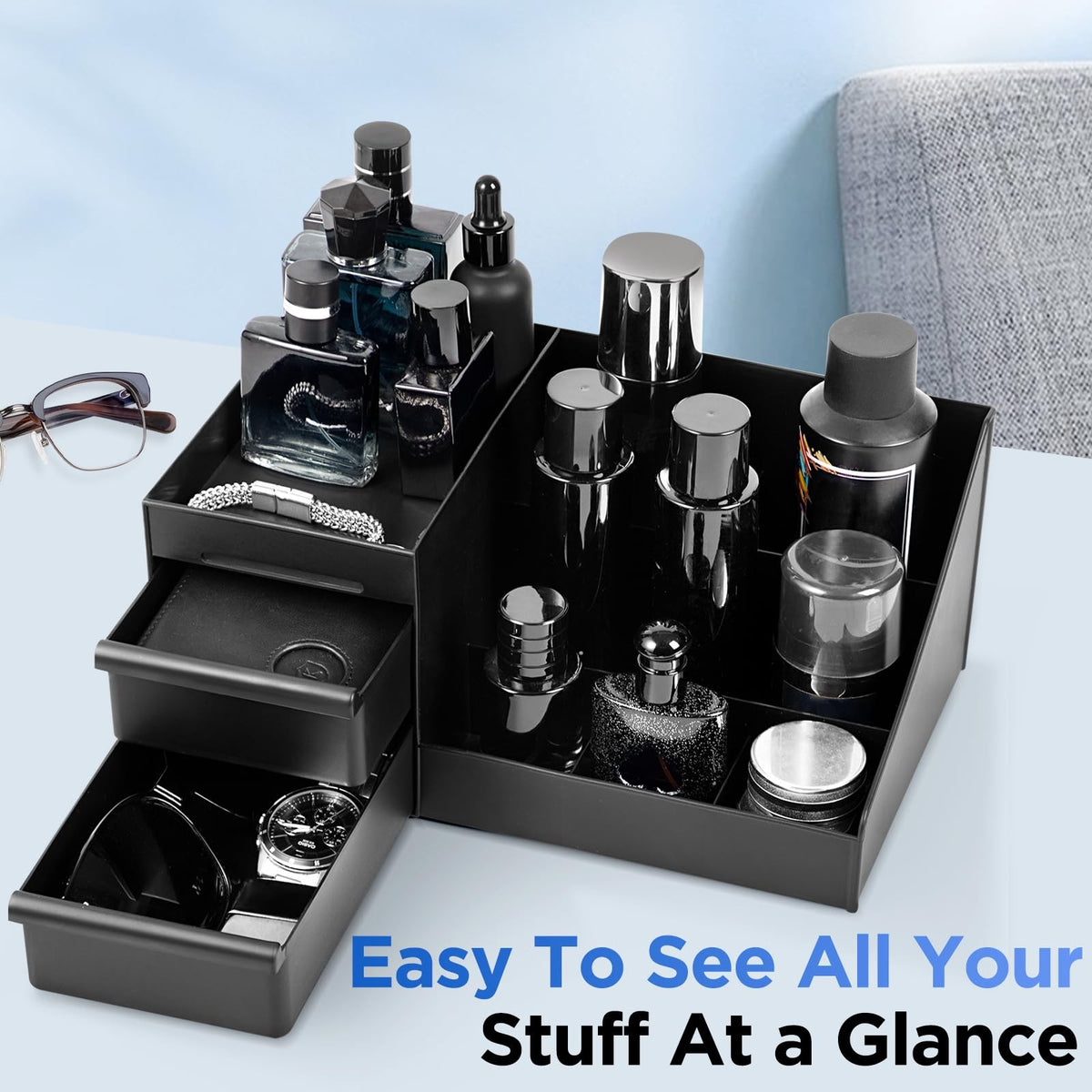 Men's Cologne Organizer Stand with 7 Compartments & 2 Drawers