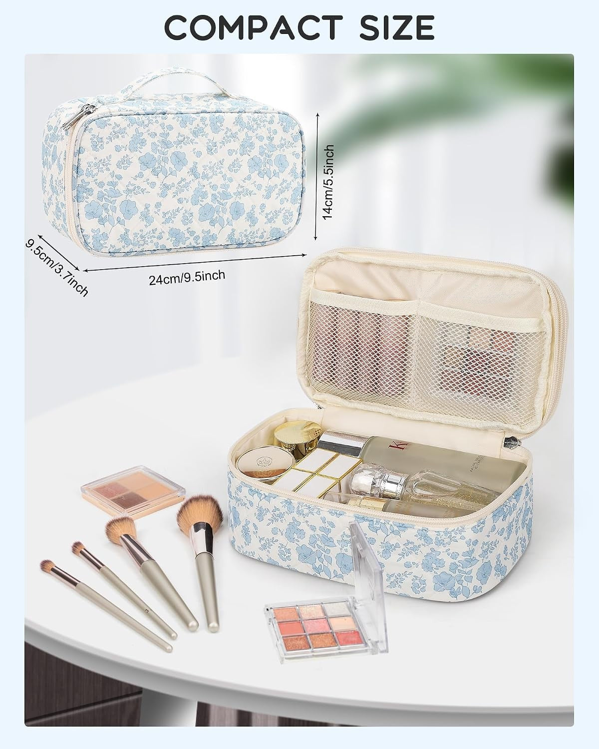Travel Makeup Bag, Small Floral Cosmetic Organizer with Brush Compartments