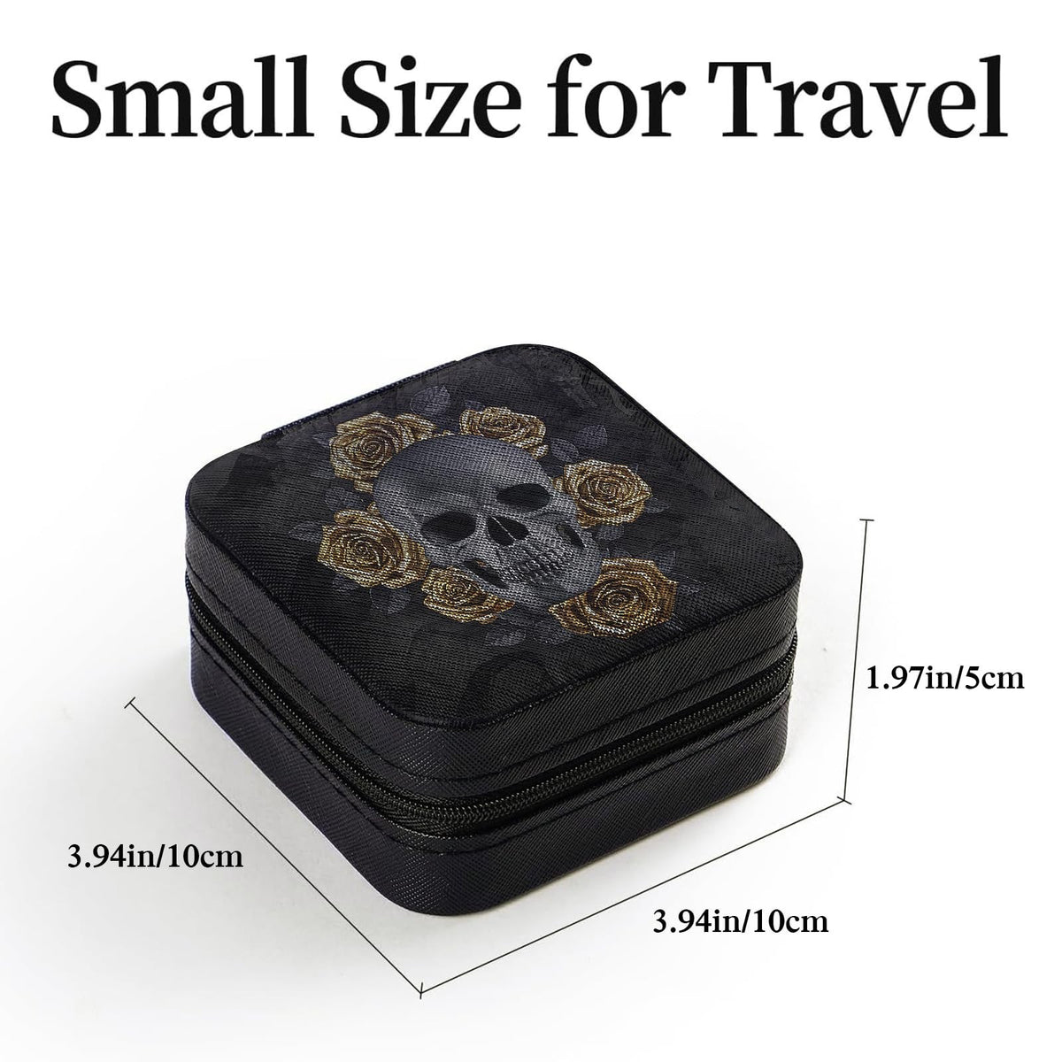 Travel Jewelry Case with Mirror and Skull Design, Black Faux Leather Organizer for Women