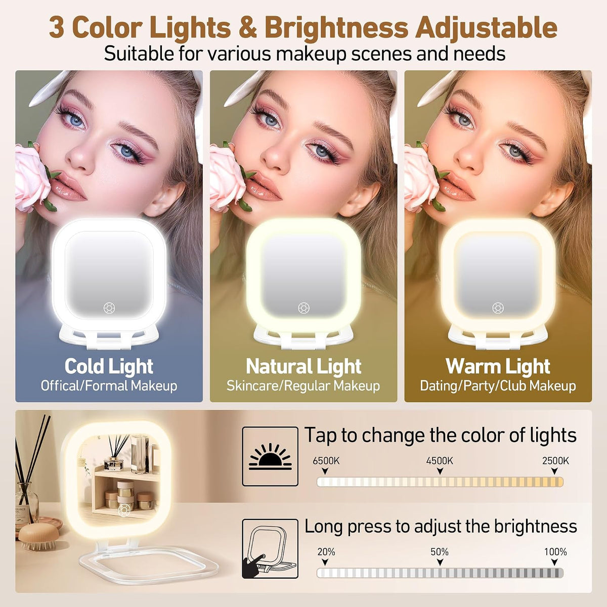Travel Lighted Mirror with 30X Magnification and 3 Color Lighting
