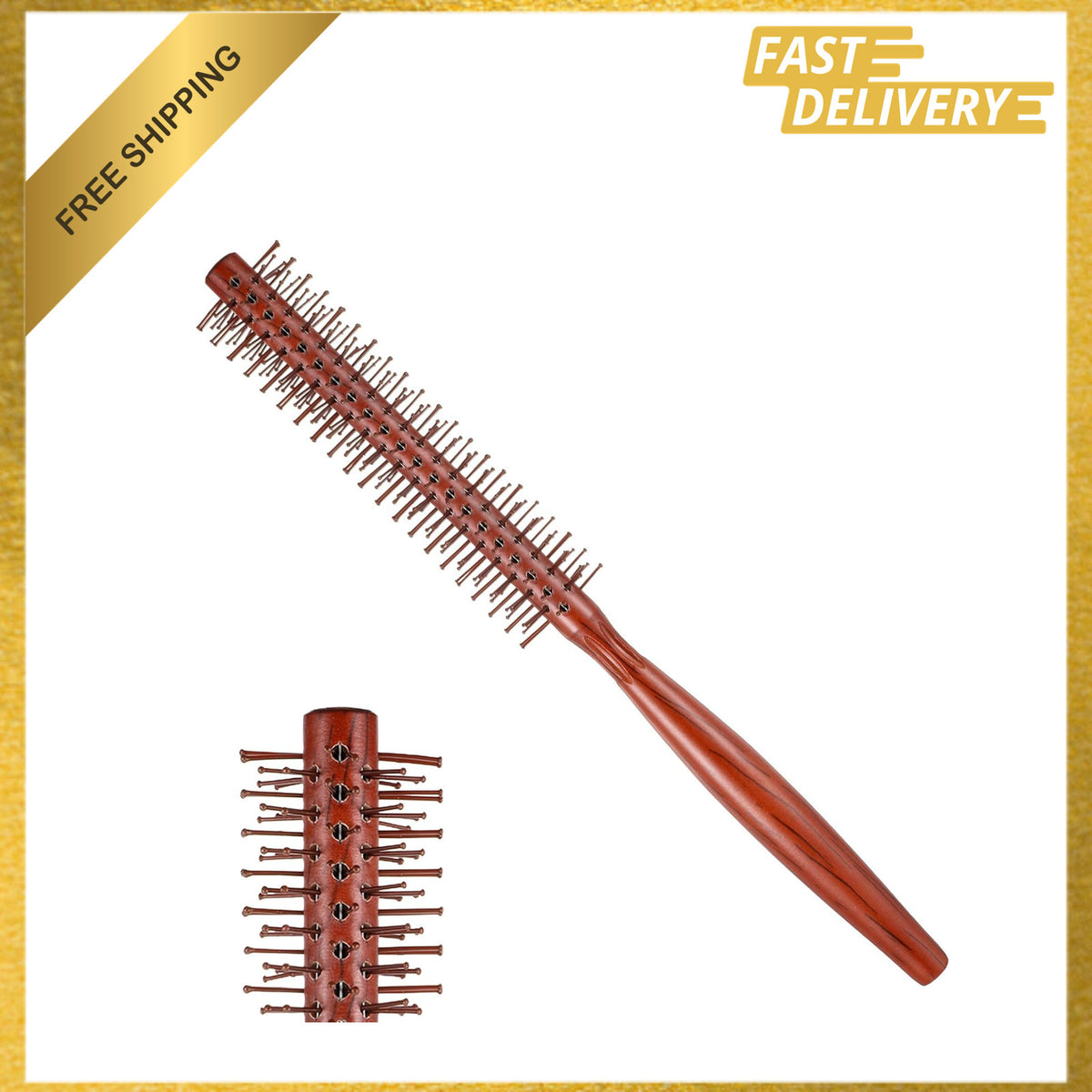 Round Wooden Hair Brush with Nylon Bristles - Travel Detangling & Styling Tool