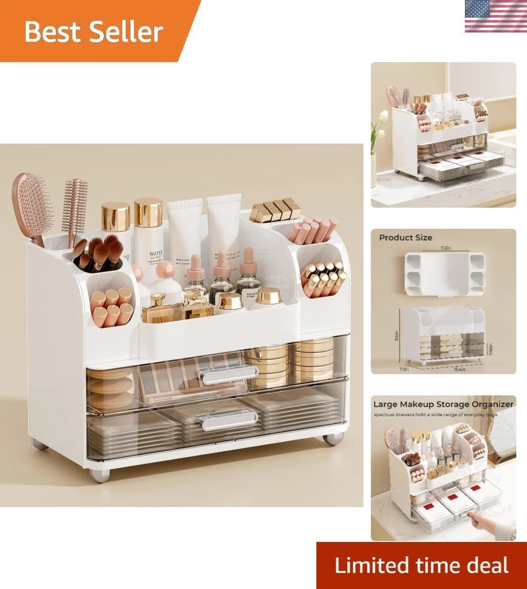 Makeup Organizer with 2 Large Drawers and Brush Holders - Vanity Storage Case