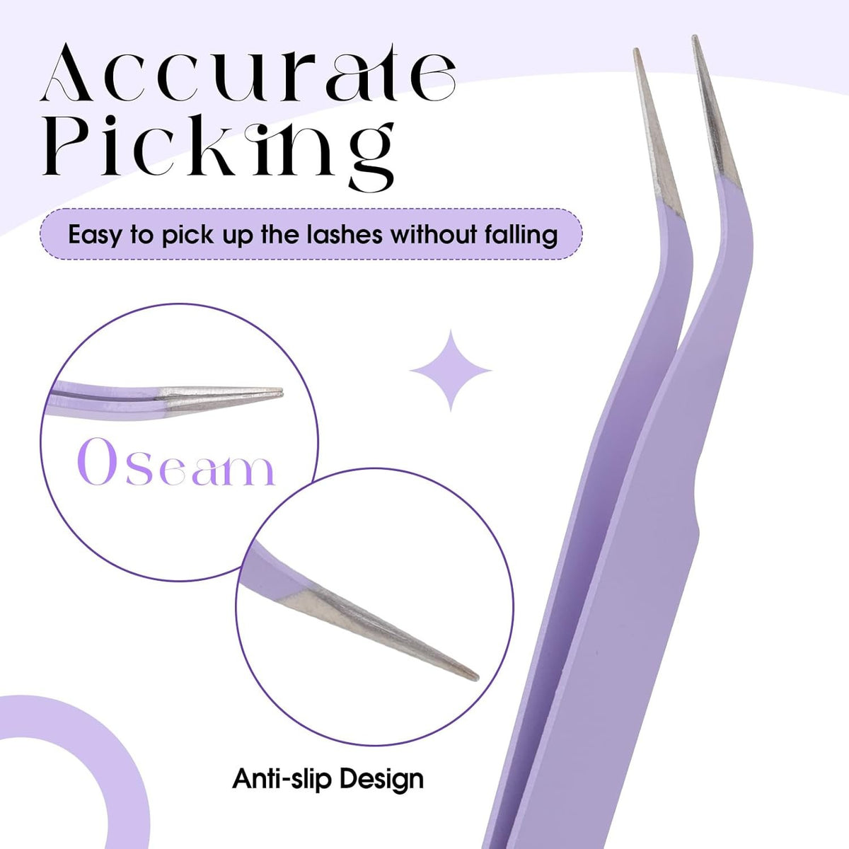 Professional Eyelash Tweezers Set - Stainless Steel Purple Lash Applicator Tool