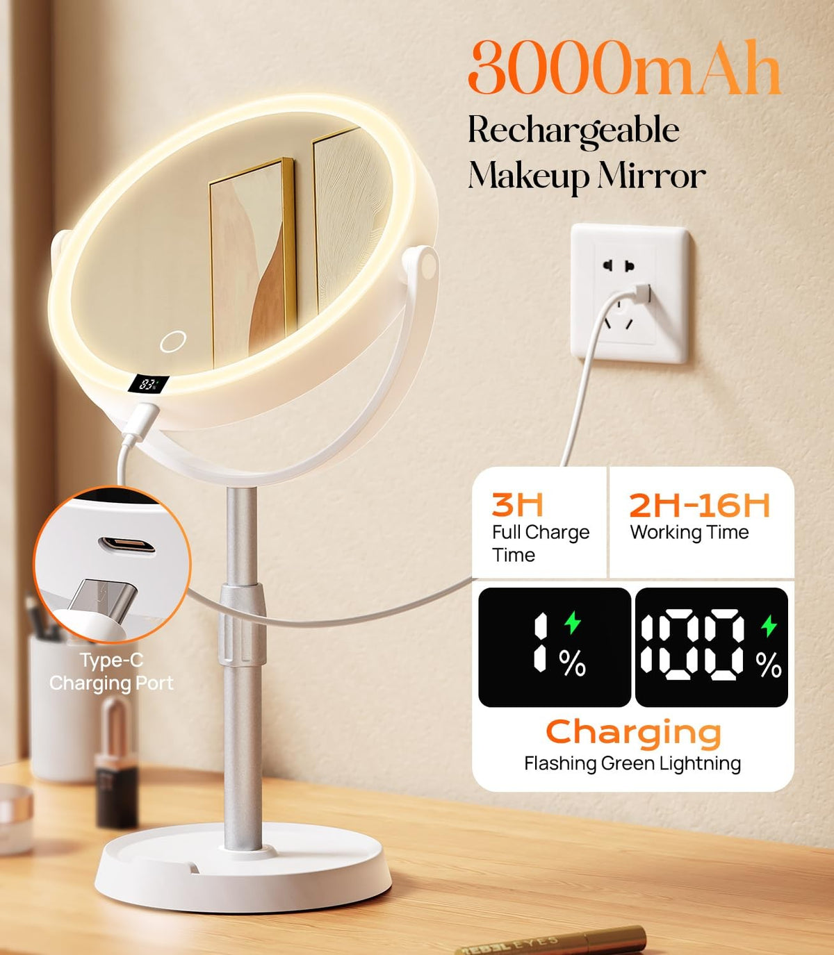 7-Inch Lighted Makeup Mirror with 20x Magnification, Digital Display