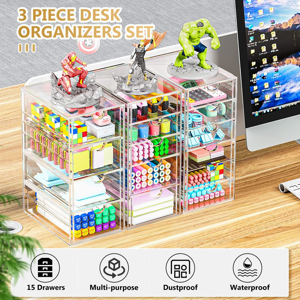 Acrylic 3-Pack Makeup & Jewelry Organizer with 15 Drawers - Clear Storage Bin