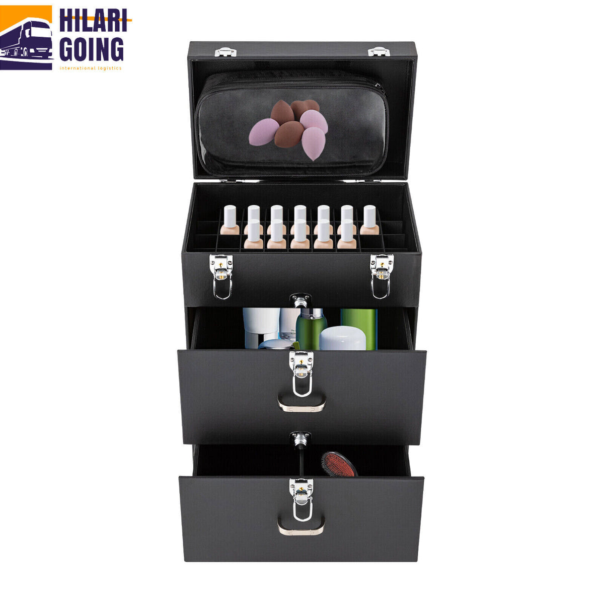 Rolling Makeup Train Case with Lockable Compartments Aluminum Salon Cosmetic Trolley Organizer