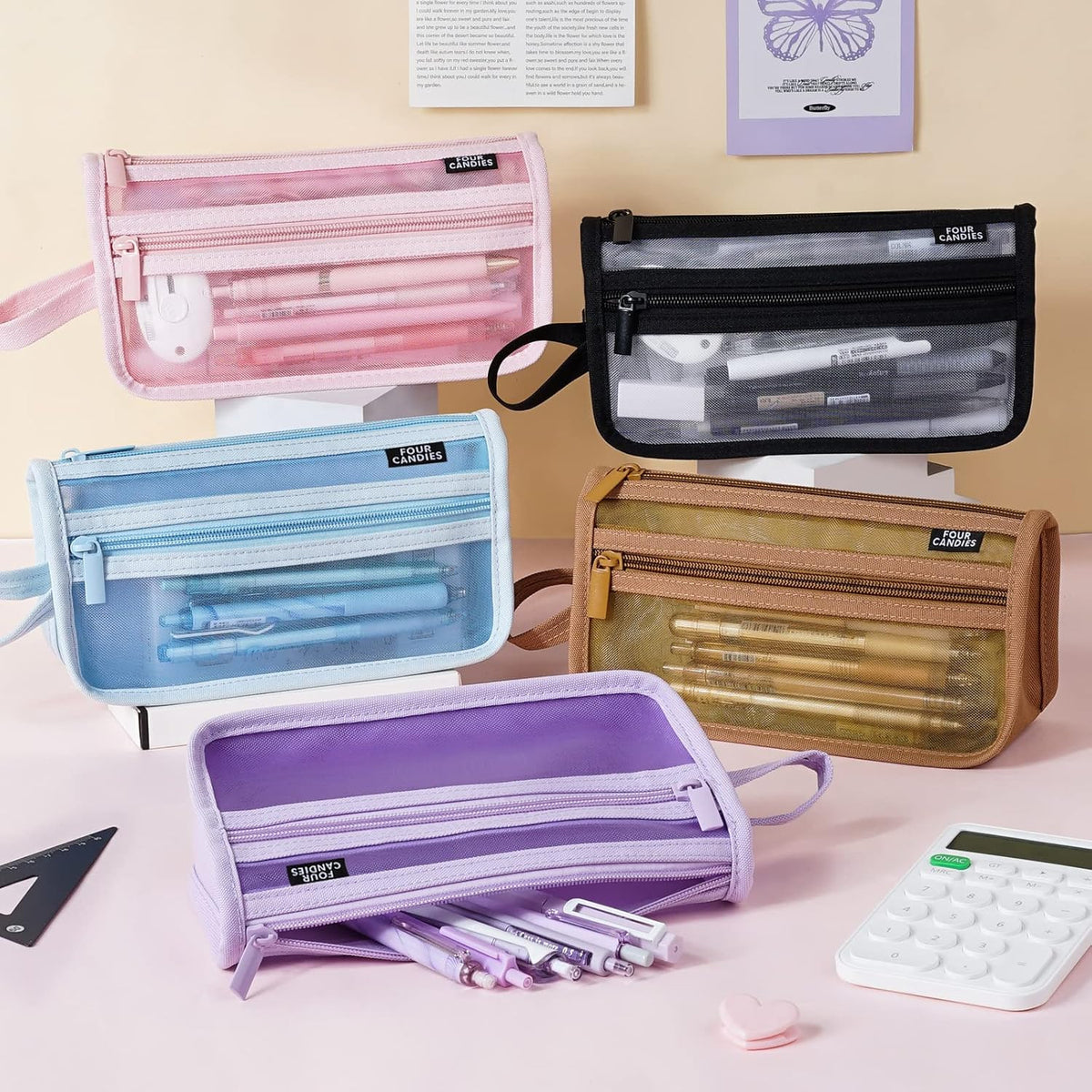 Large Capacity Clear Mesh Pencil Case with Handle, Double Layer Zipper Storage