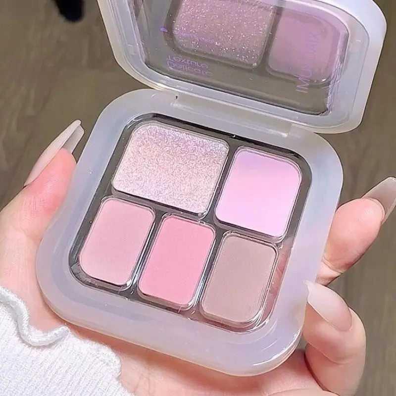 Korean 5-Color Eyeshadow & Blush Palette Matte Shimmer Smoky Gray Portable