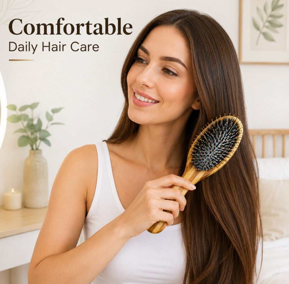 Bamboo Boar Bristle Hair Brush for Thick Curly Fine Hair - Scalp Massage Comb