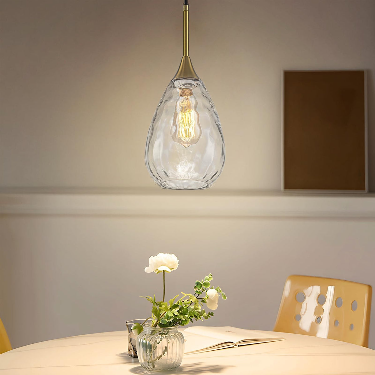 6.3-Inch Gold Glass Pendant Light with Ripple Shade, Adjustable Modern Farmhouse Lighting
