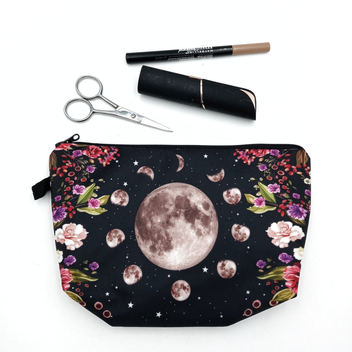 Moon Lunar Phases Floral Makeup Bag - Zippered Cosmetic Pouch