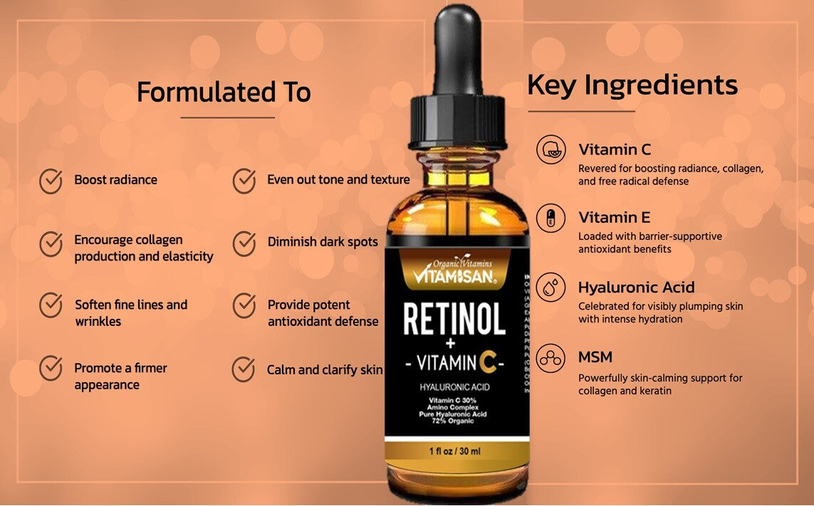 Retinol Vitamin C Hyaluronic Acid Face Serum Anti-Aging Wrinkle Treatment - 3 Oz