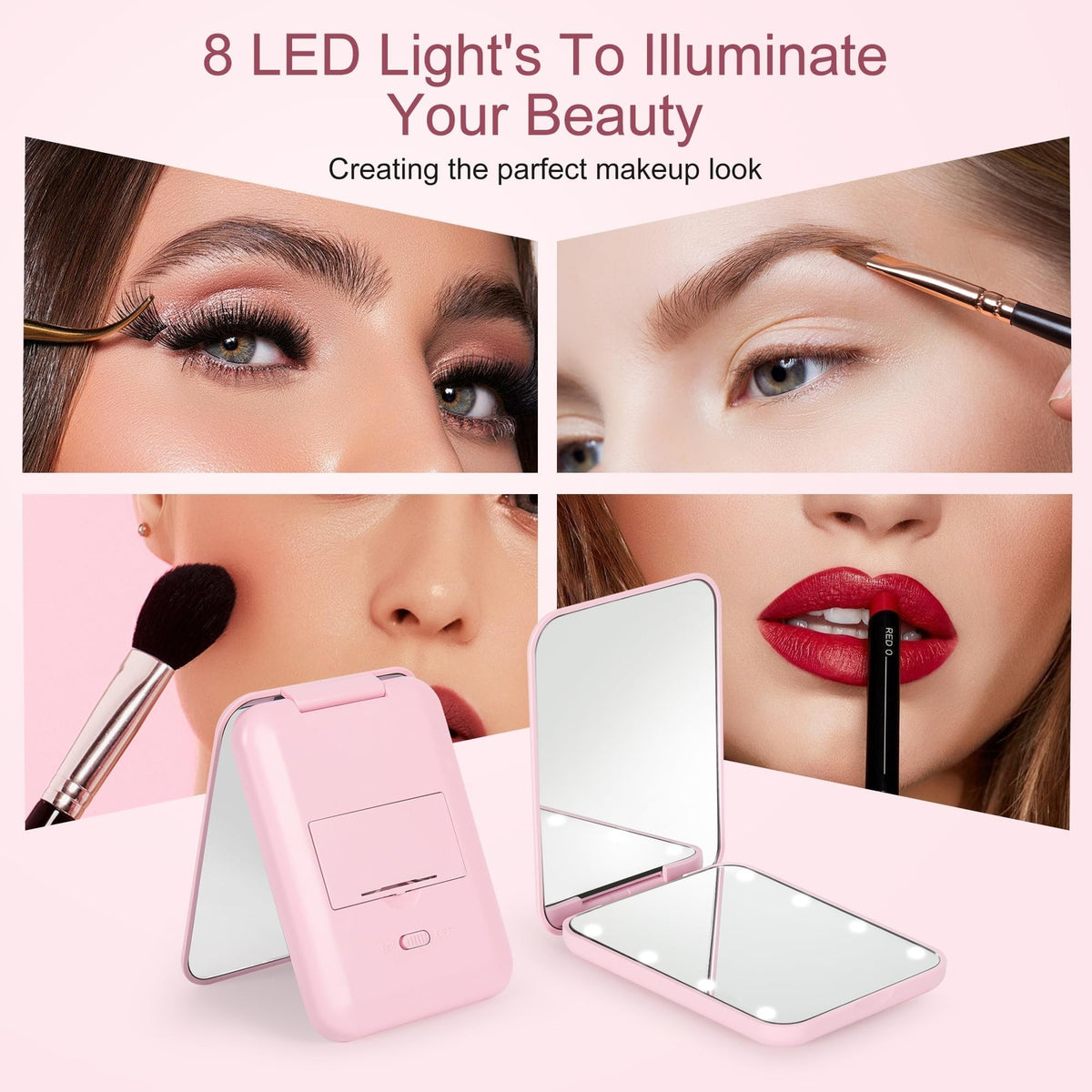 LED Compact Travel Makeup Mirror - 2-Sided 1X/3X Magnification, Pink Portable Folding Mirror