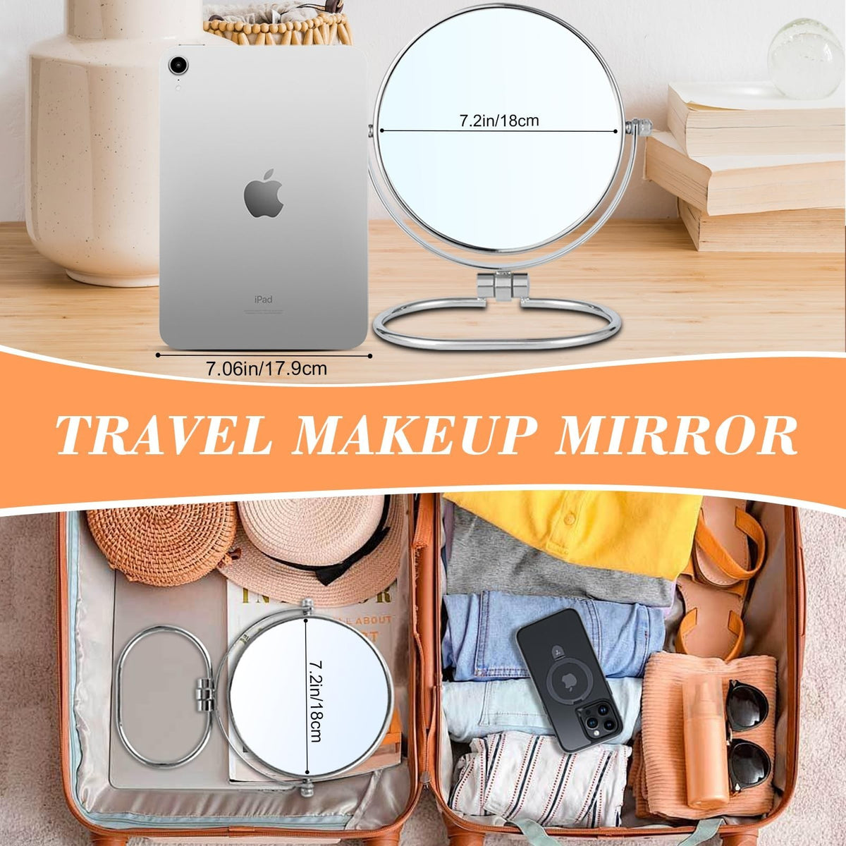 Travel Makeup Mirror 6-inch Double-Sided with 10X Magnification, Foldable & Portable
